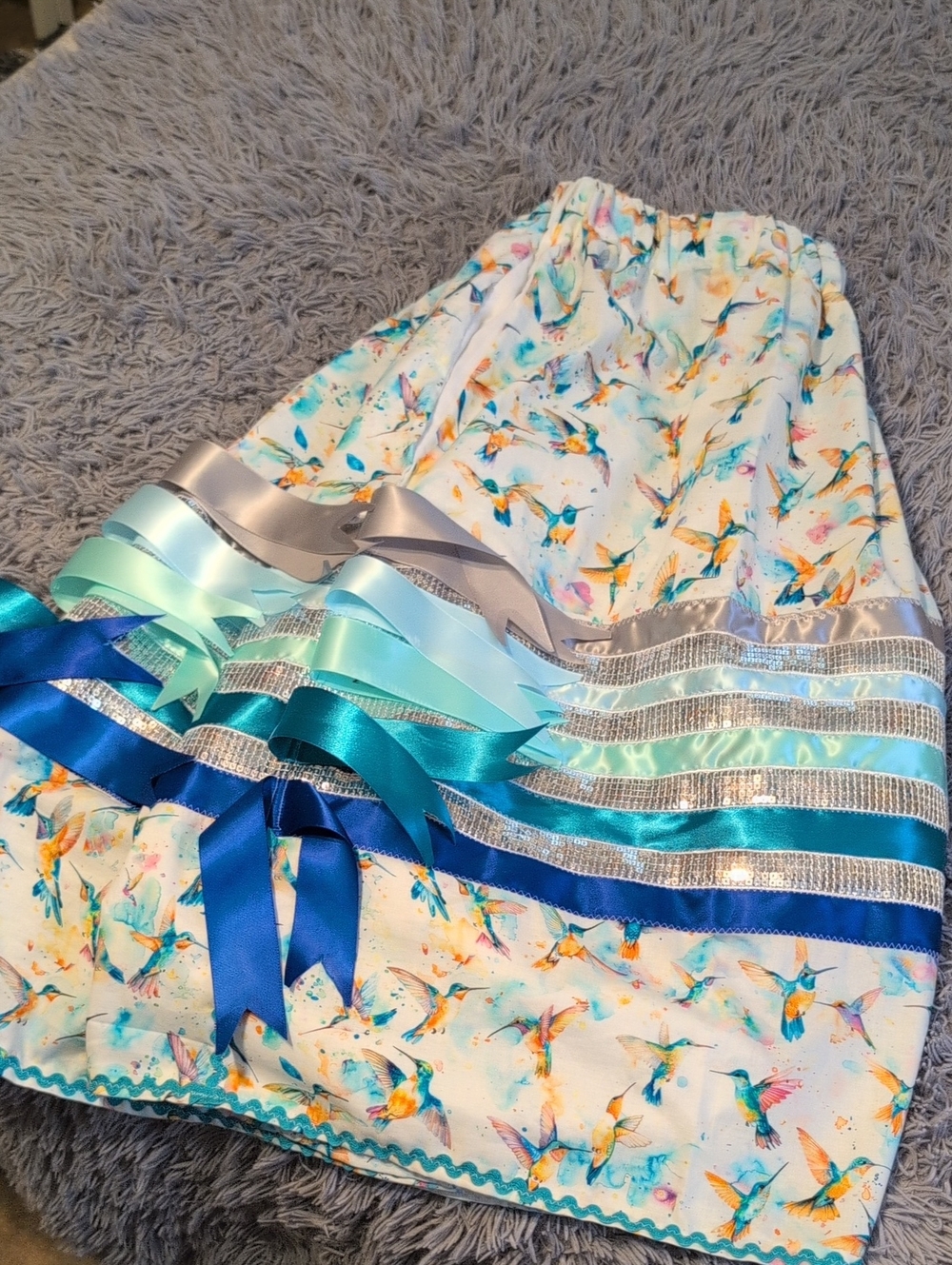Handmade Hummingbird Sequin Ribbon Skirt With Tassels Size Large Extra Large.